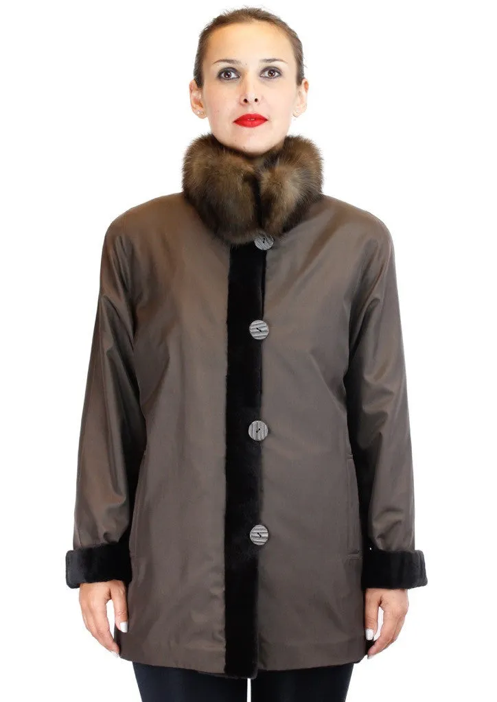 REVERSIBLE DARK BROWN SHEARED KOLINSKY MINK FUR JACKET W/ RUSSIAN SABLE FUR COLLAR