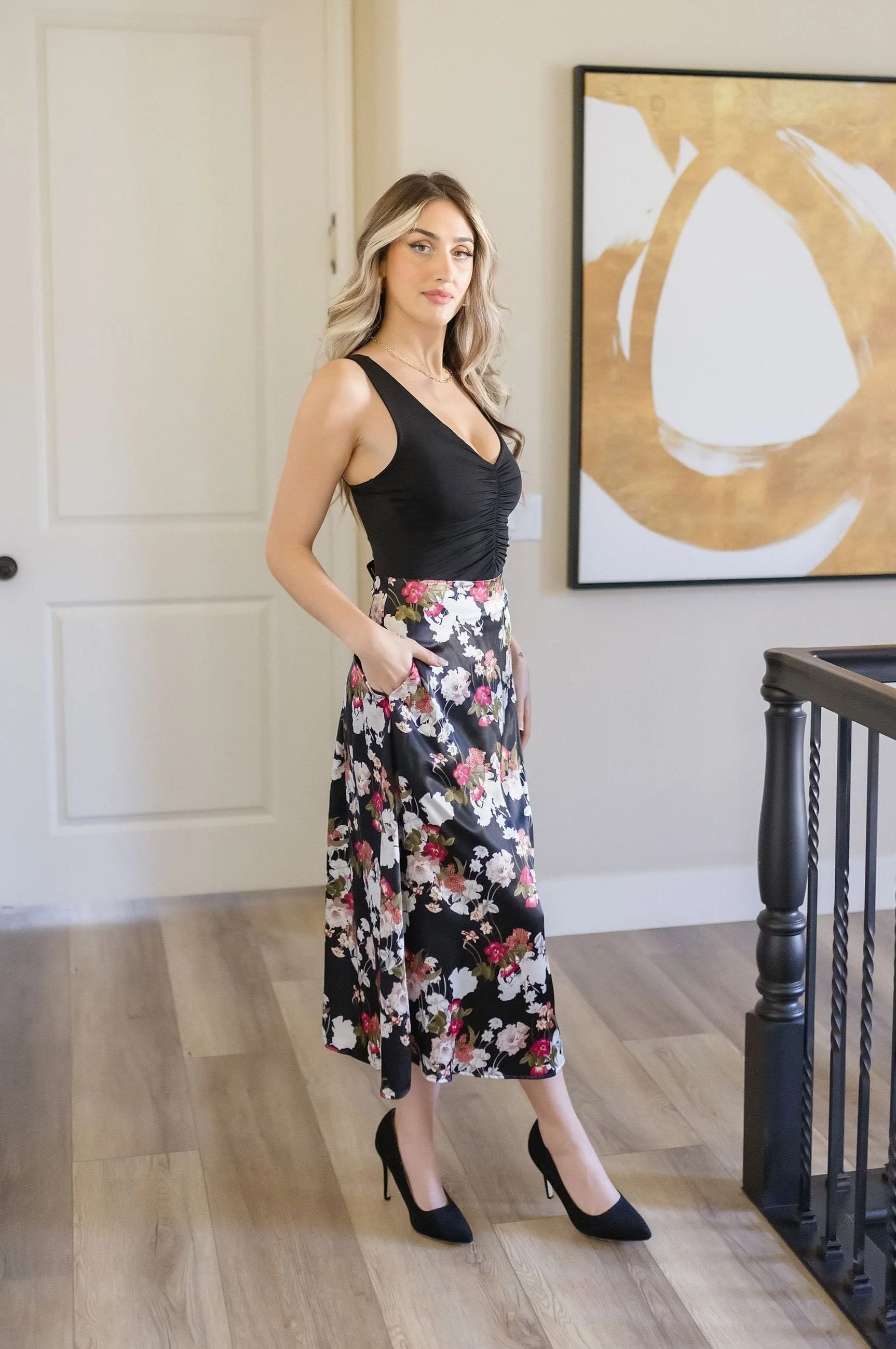 Rochelle Floral Print Satin Midi Skirt Black