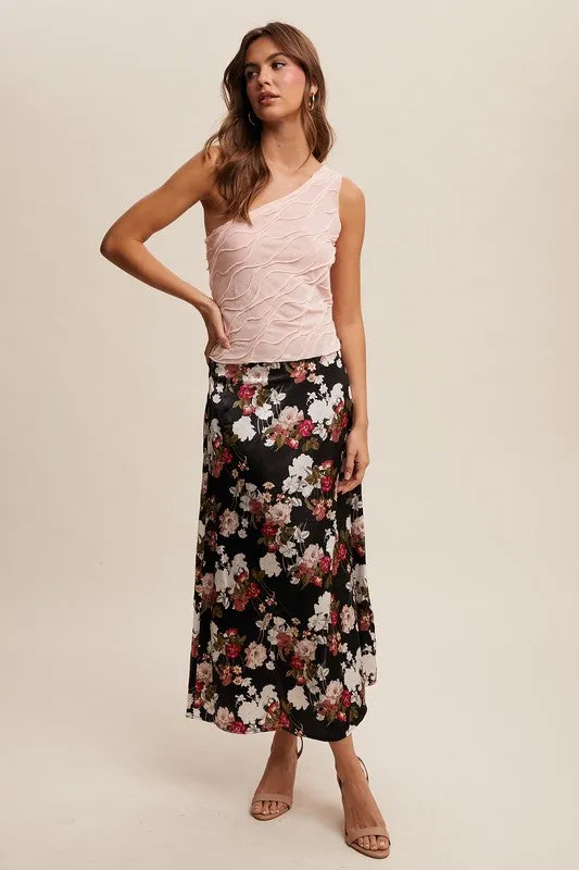 Rochelle Floral Print Satin Midi Skirt Black