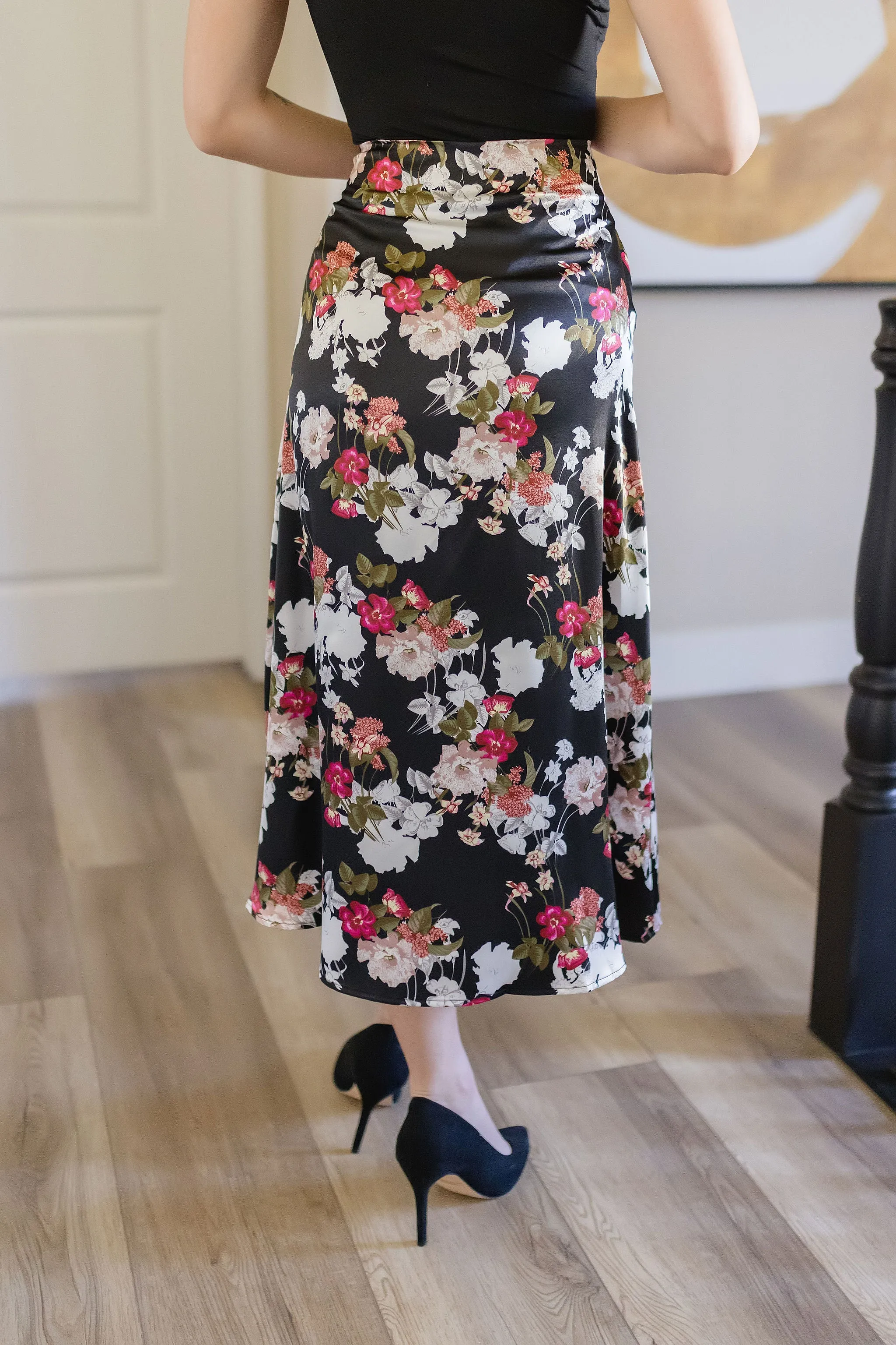 Rochelle Floral Print Satin Midi Skirt Black