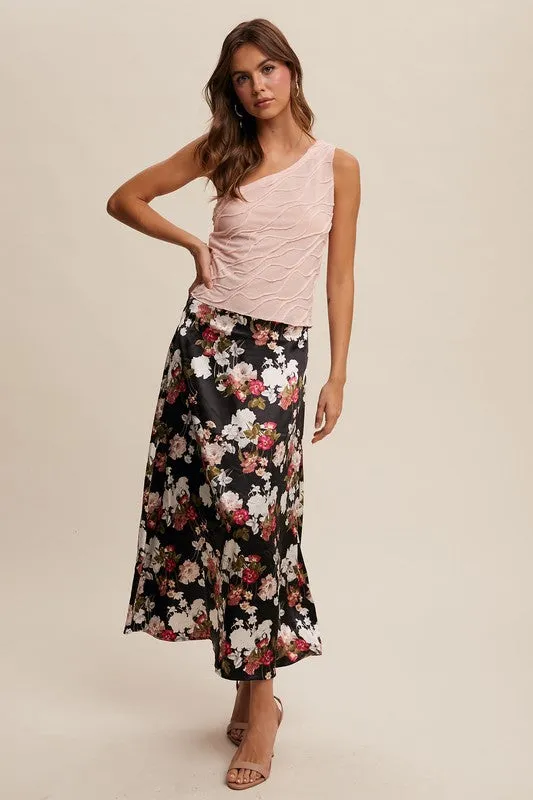 Rochelle Floral Print Satin Midi Skirt Black