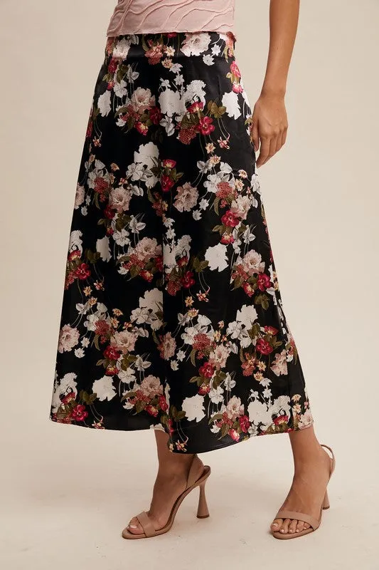 Rochelle Floral Print Satin Midi Skirt Black