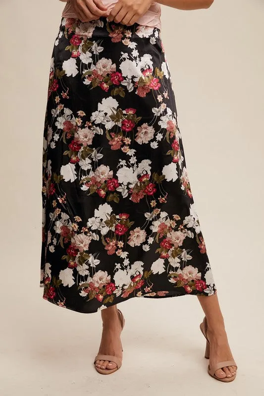 Rochelle Floral Print Satin Midi Skirt Black