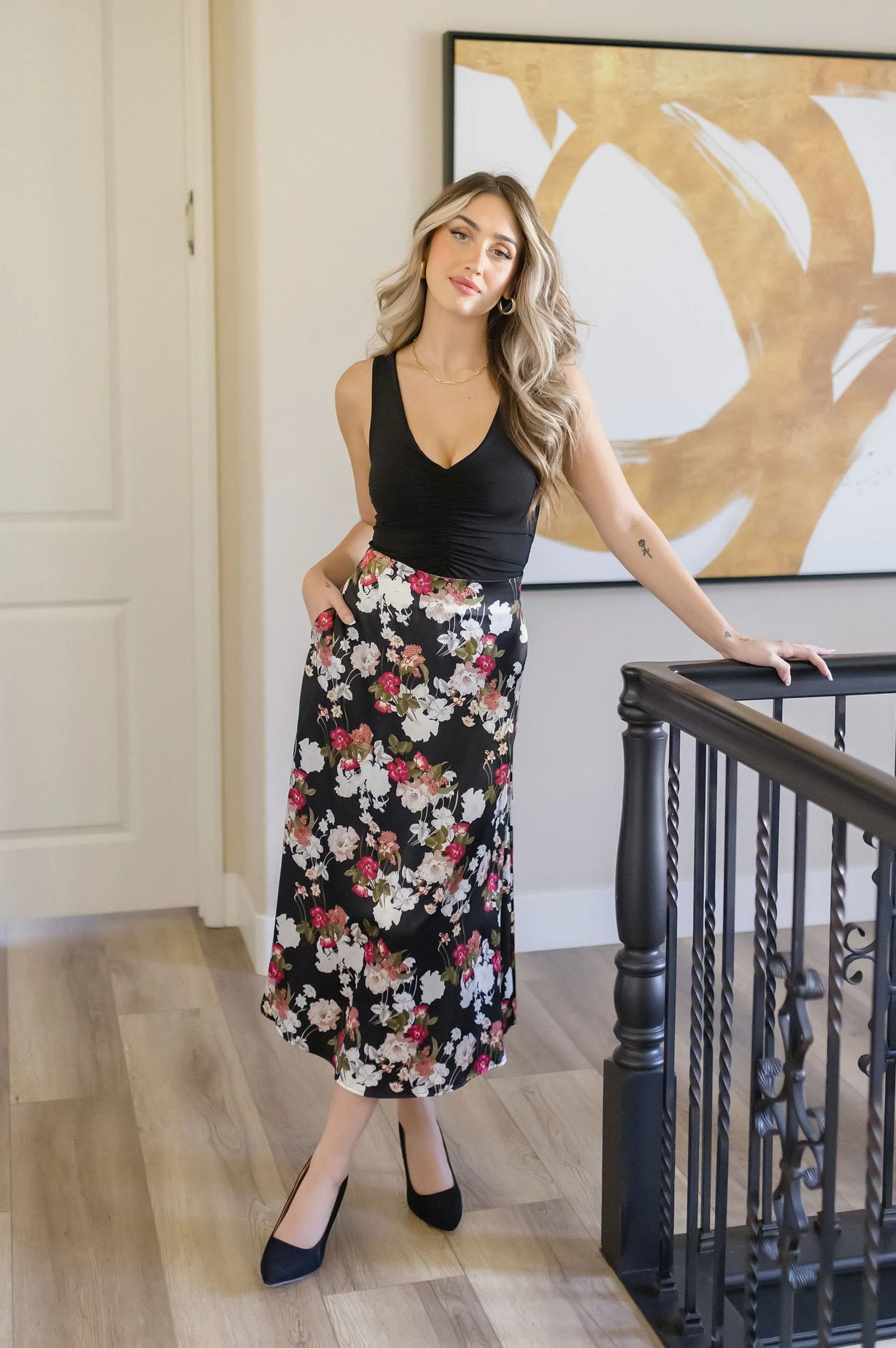 Rochelle Floral Print Satin Midi Skirt Black