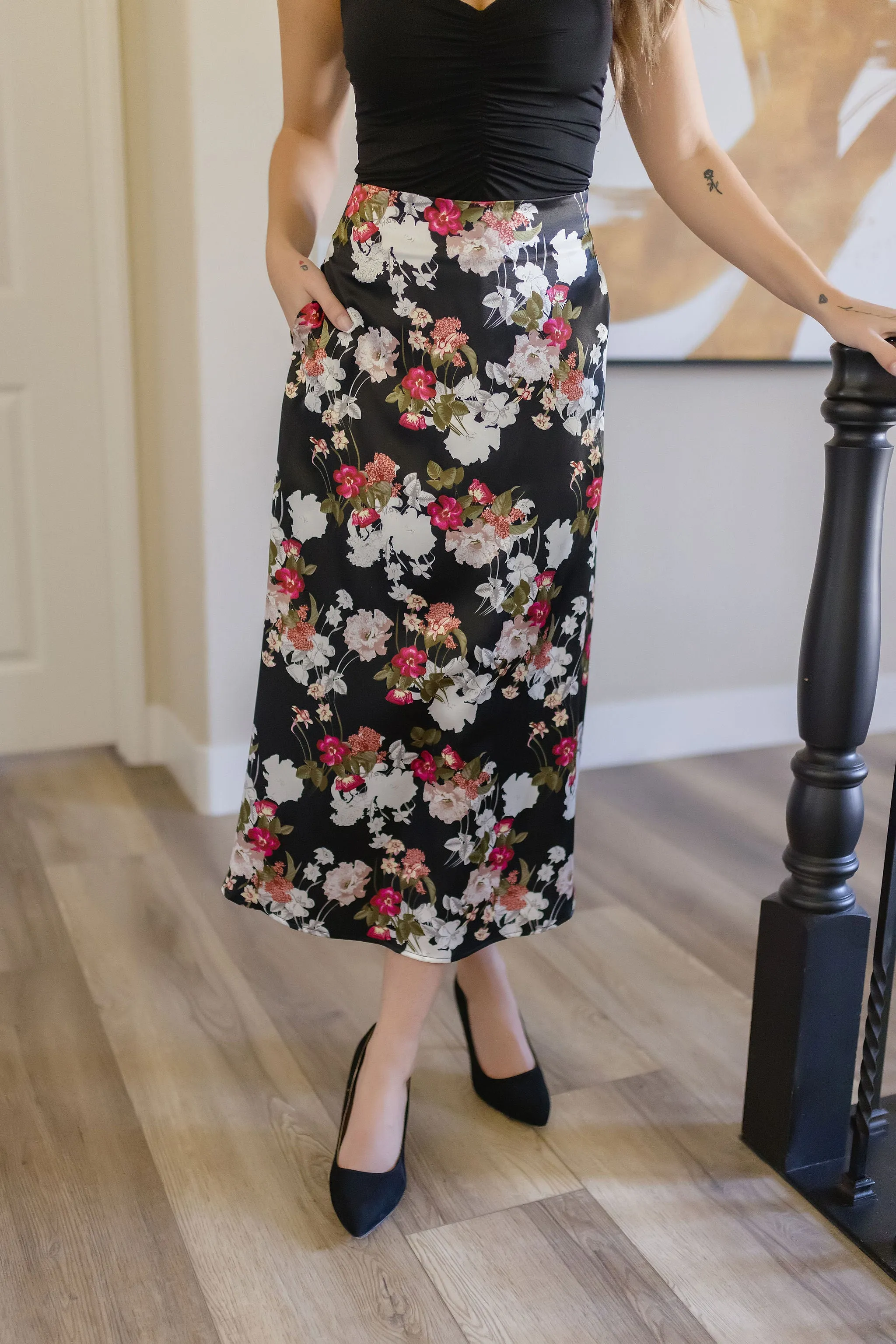 Rochelle Floral Print Satin Midi Skirt Black