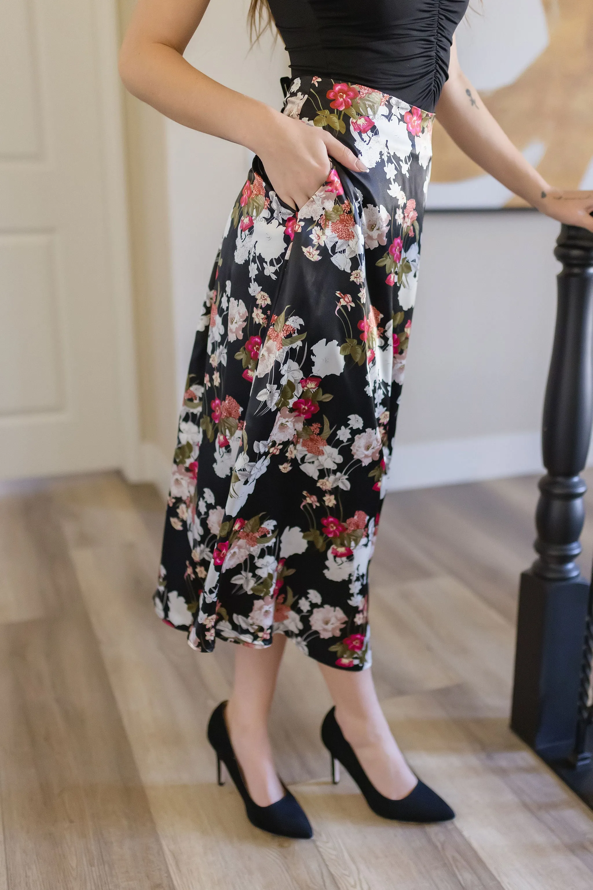 Rochelle Floral Print Satin Midi Skirt Black