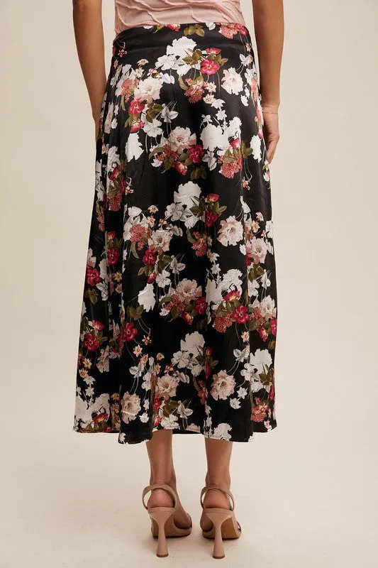 Rochelle Floral Print Satin Midi Skirt Black