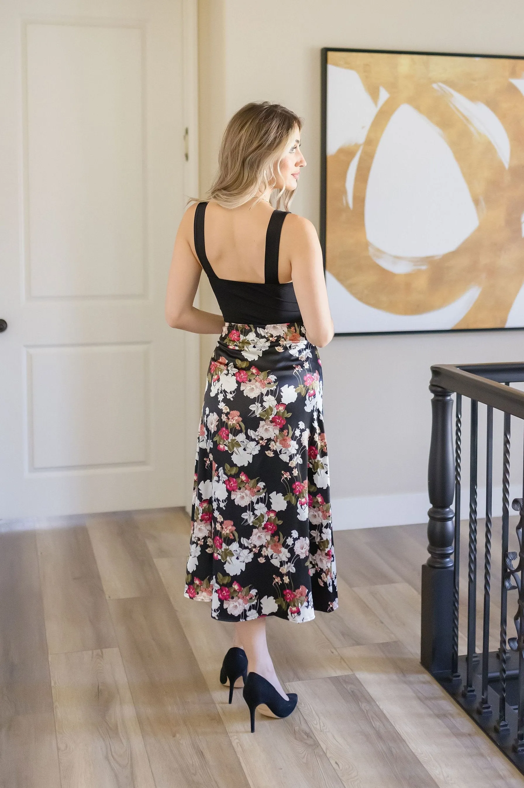 Rochelle Floral Print Satin Midi Skirt Black