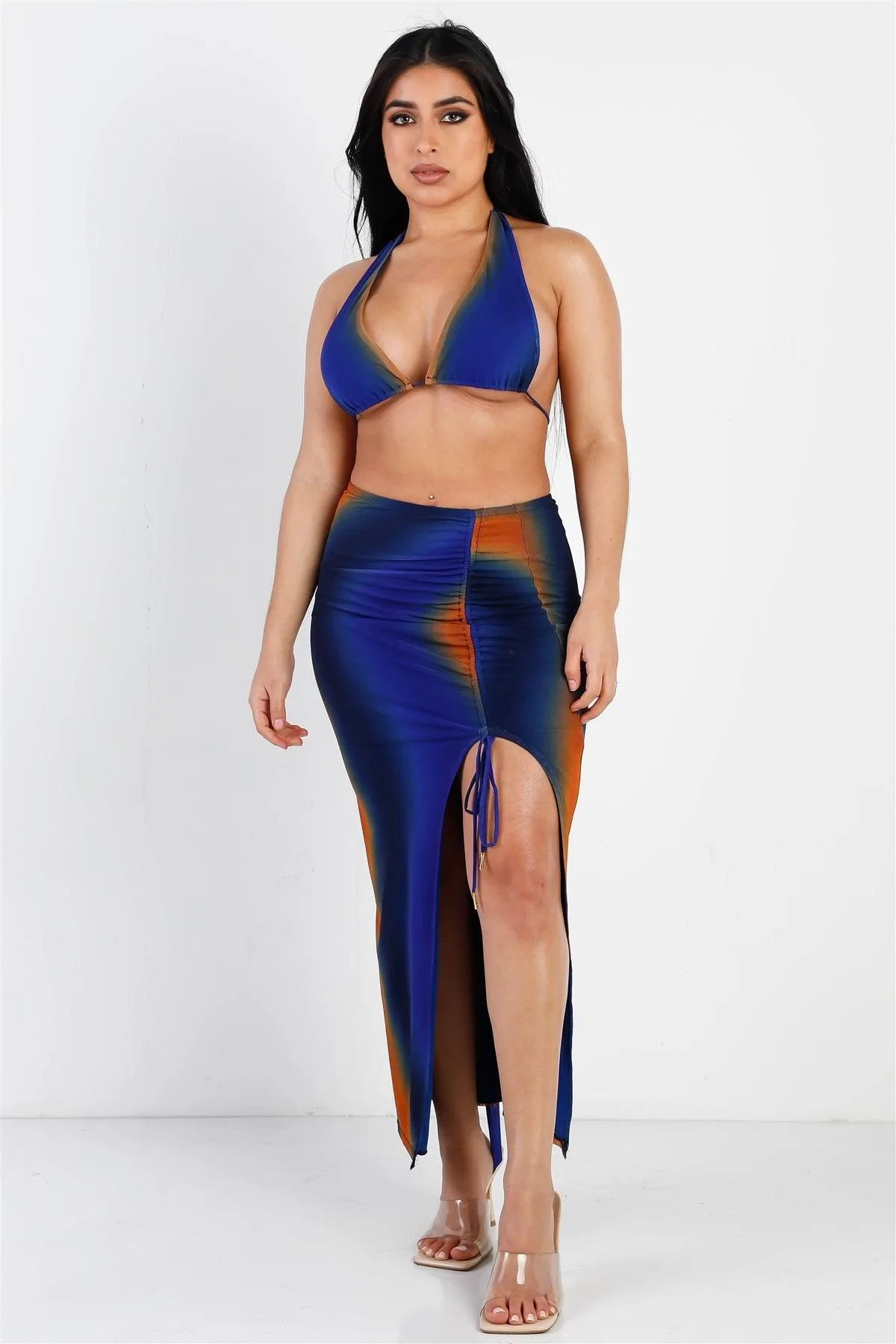 Royal Multi Color Tie-Dye Mesh Triangle Top & Ruched Drawstring Side Midi Skirt Set /3-2-1