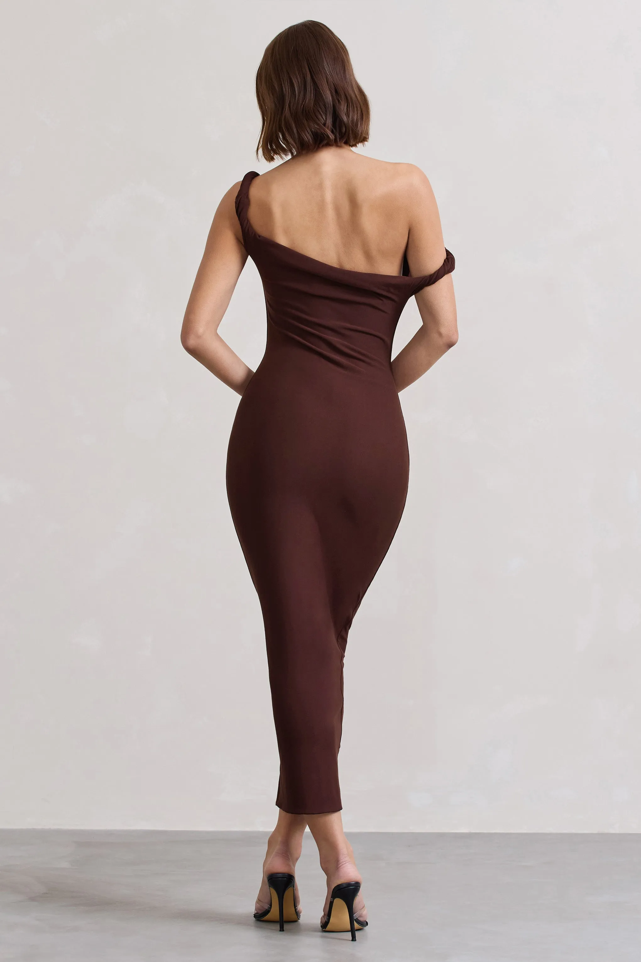 Salome | Chocolate Brown Twisted Asymmetric Midi Dress