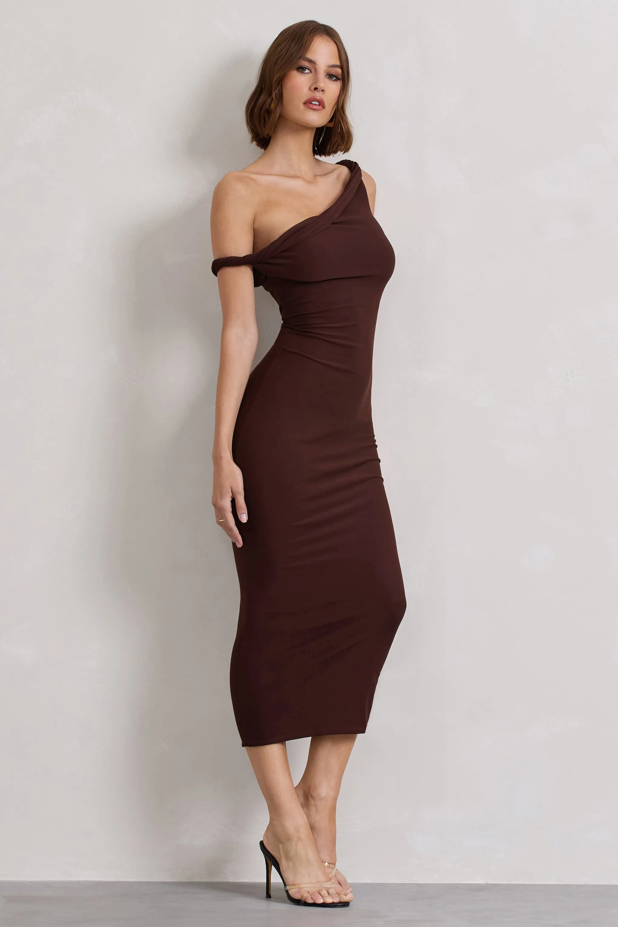 Salome | Chocolate Brown Twisted Asymmetric Midi Dress