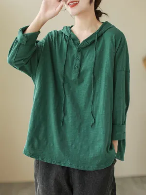 Solid Color Loose Large Size Long-Sleeved T-shirt Casual Hooded T-shirt Top