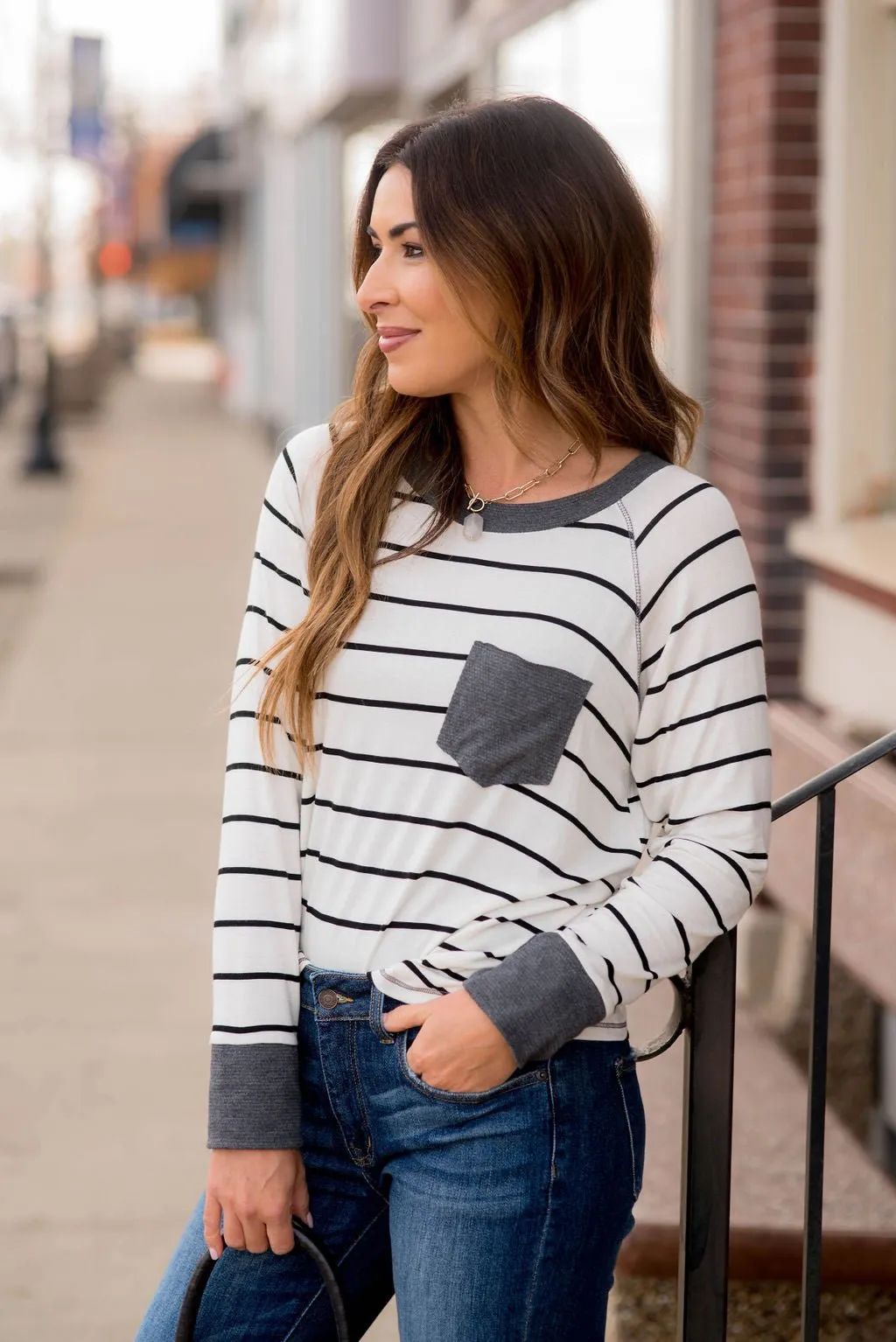 Striped Solid Trim Pocket Tee