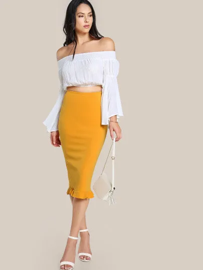 “Sunshine” ruffle hem midi pencil skirt