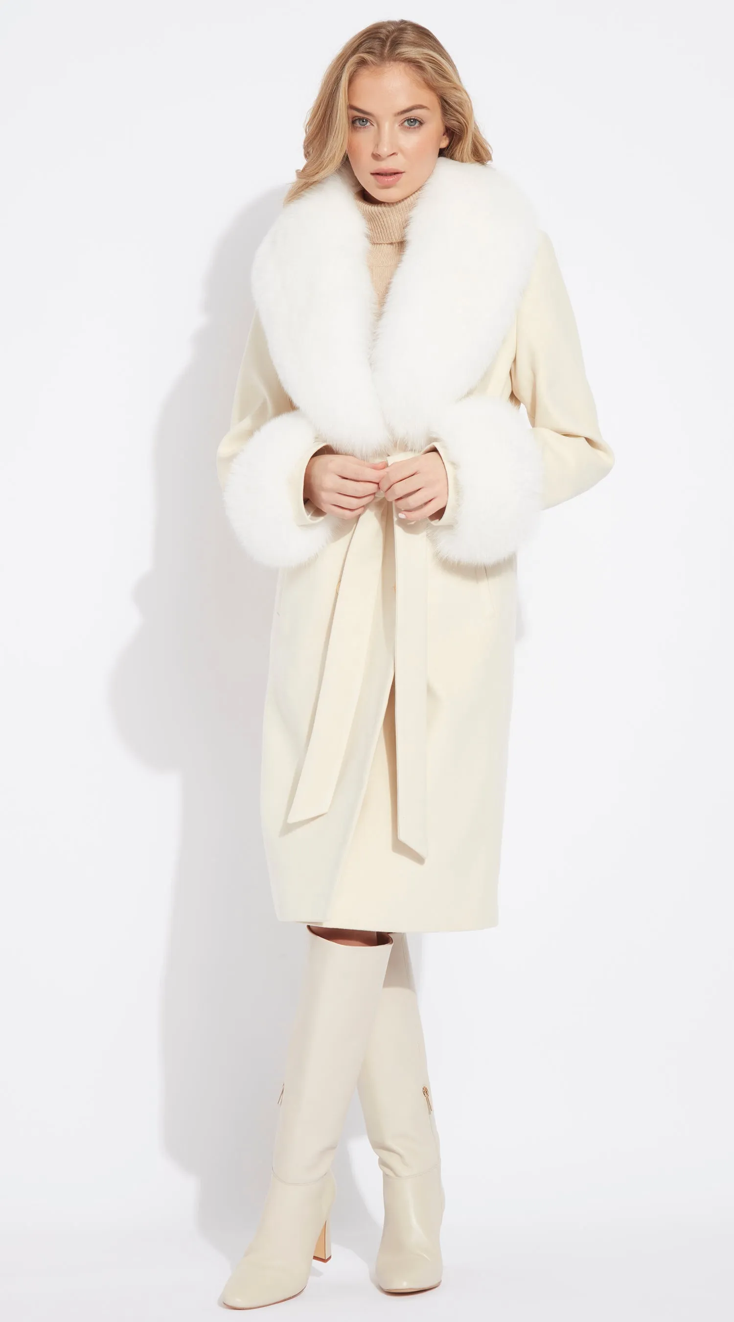 Supreme Luxy Cashmere & Fox Fur Belted Coat - Buttermilk