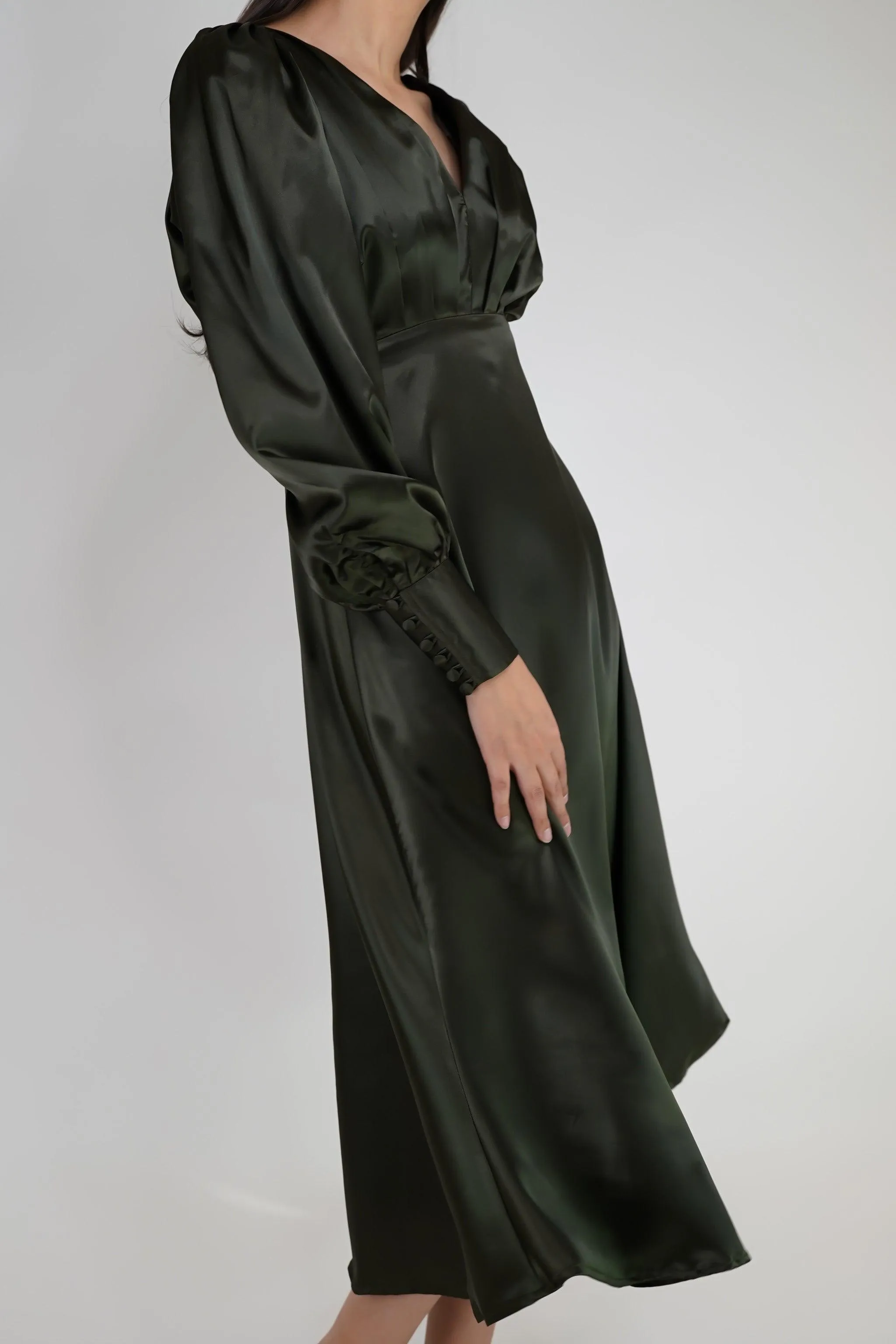 Tia Dark Olive Green Premium Satin Midi Dress With Long Sleeves