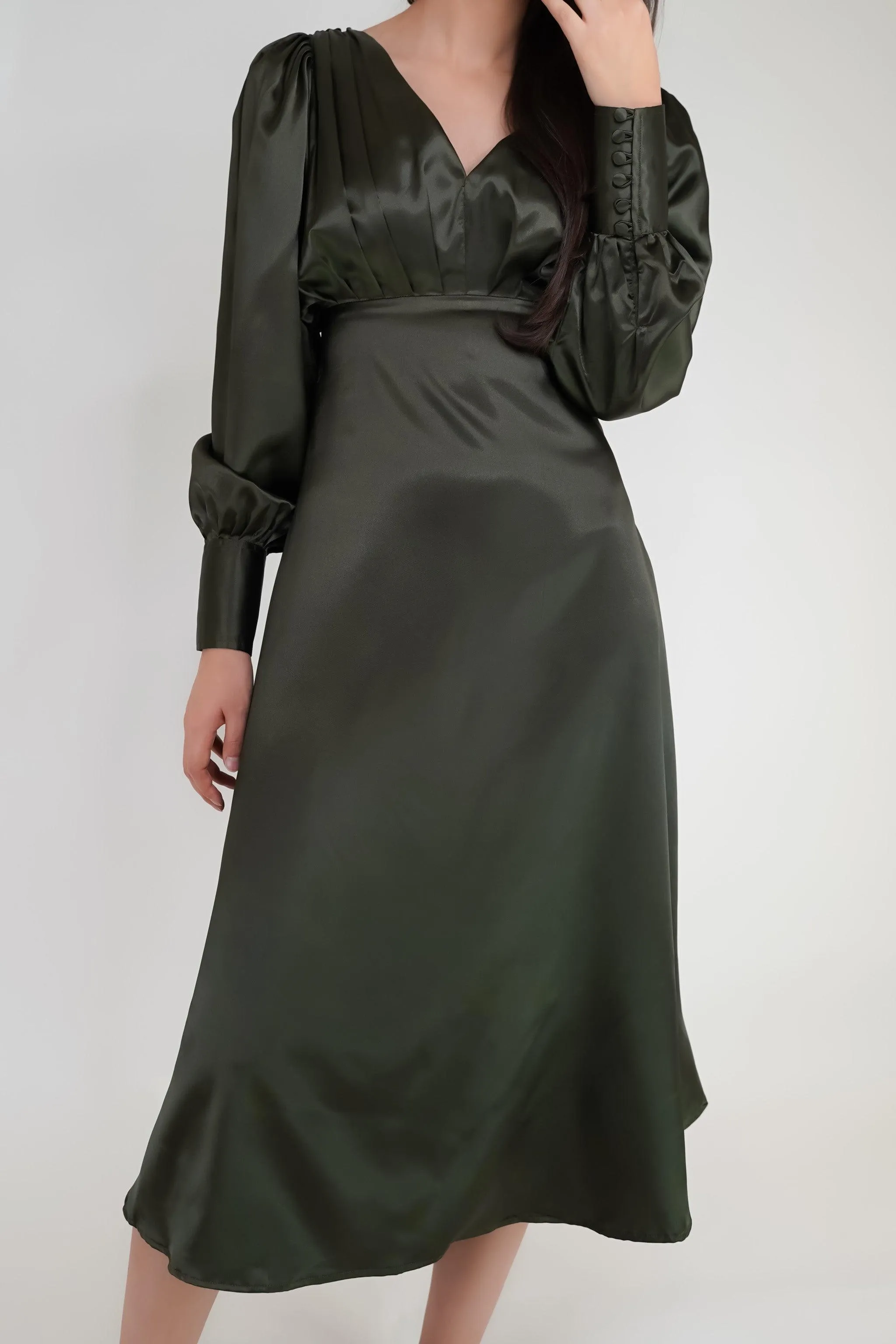 Tia Dark Olive Green Premium Satin Midi Dress With Long Sleeves