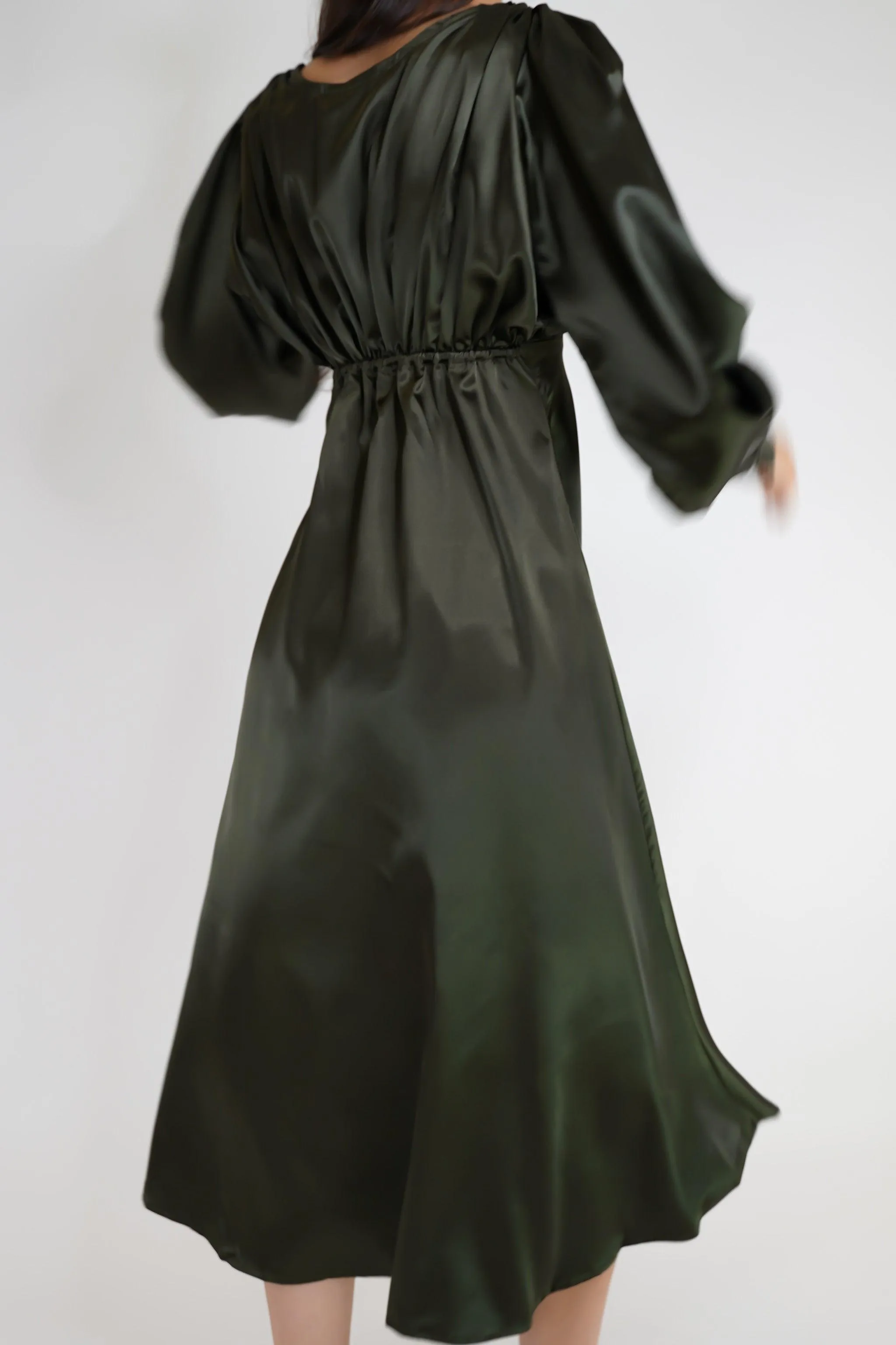 Tia Dark Olive Green Premium Satin Midi Dress With Long Sleeves