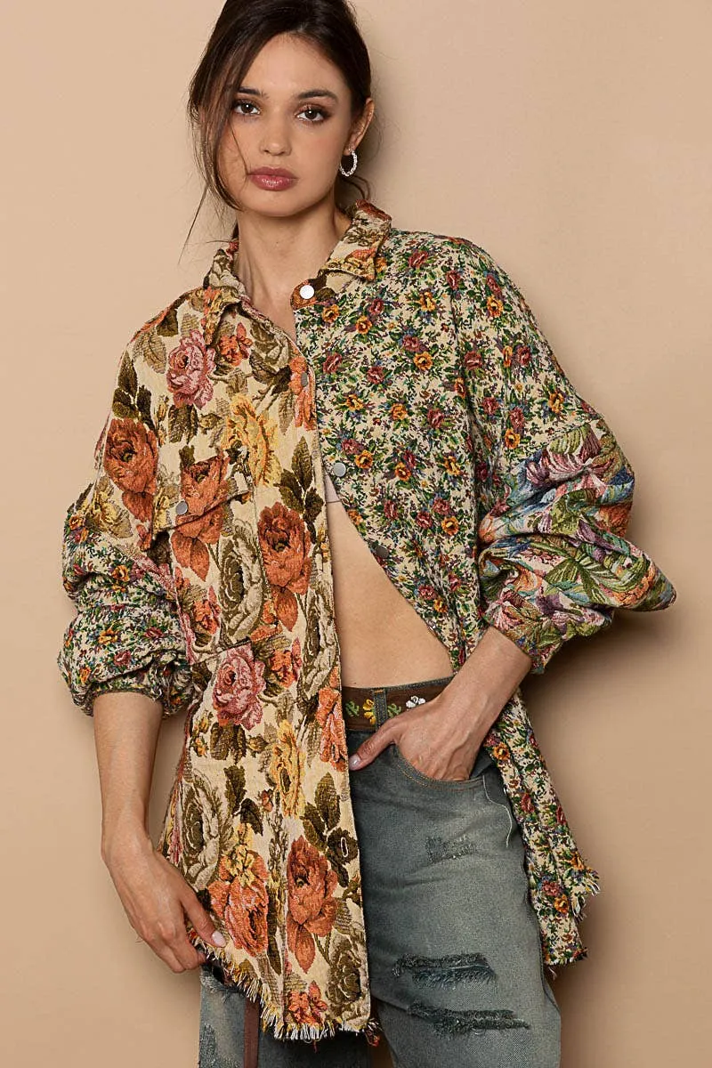 Vintage wash floral pattern jacquard shacket