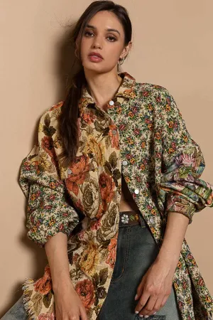 Vintage wash floral pattern jacquard shacket