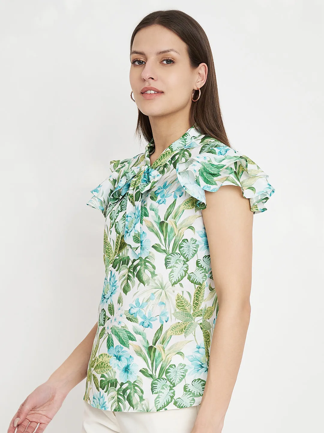 Women Floral Printed Tie-Up Neck Green Top