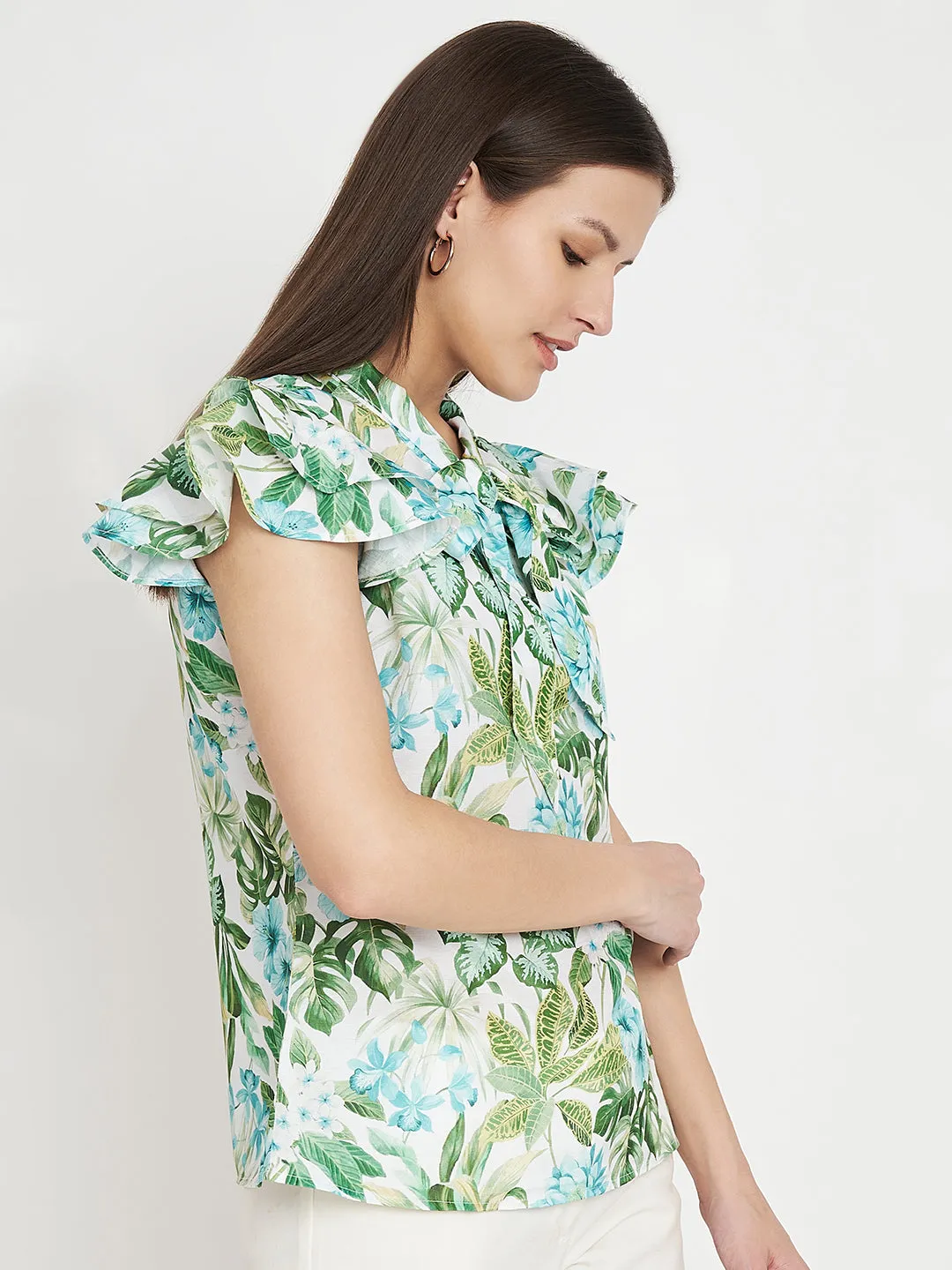 Women Floral Printed Tie-Up Neck Green Top