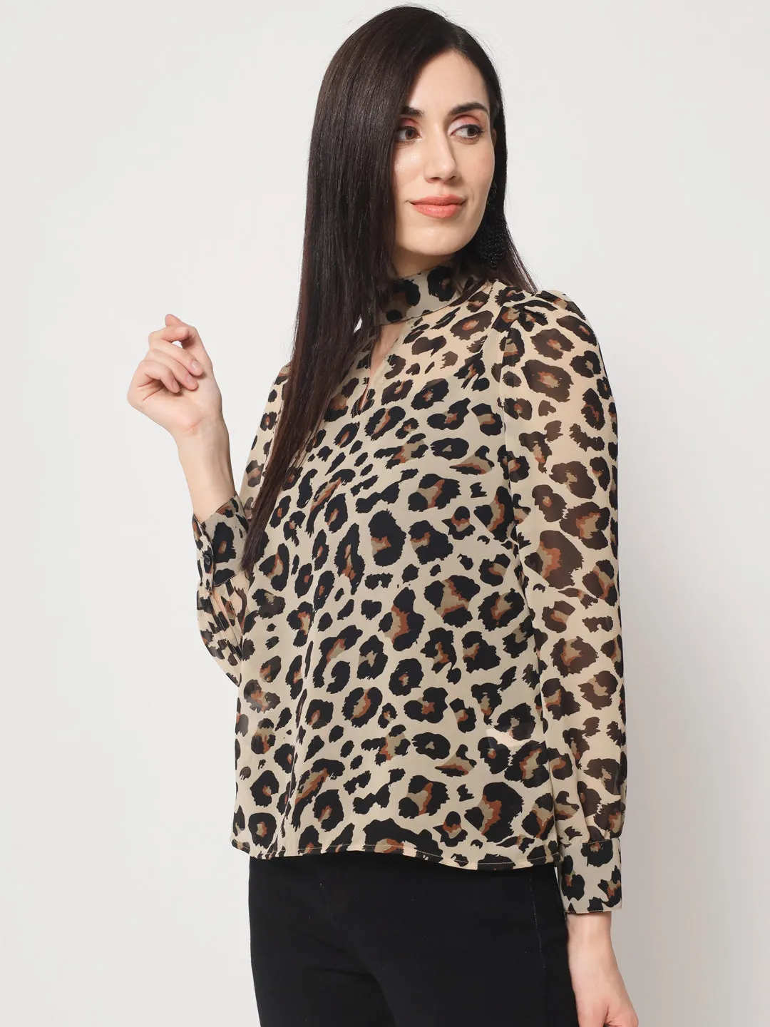 Women's Animal Printed High Neck Georgette Top