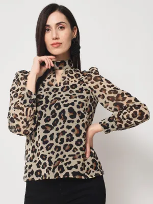 Women's Animal Printed High Neck Georgette Top