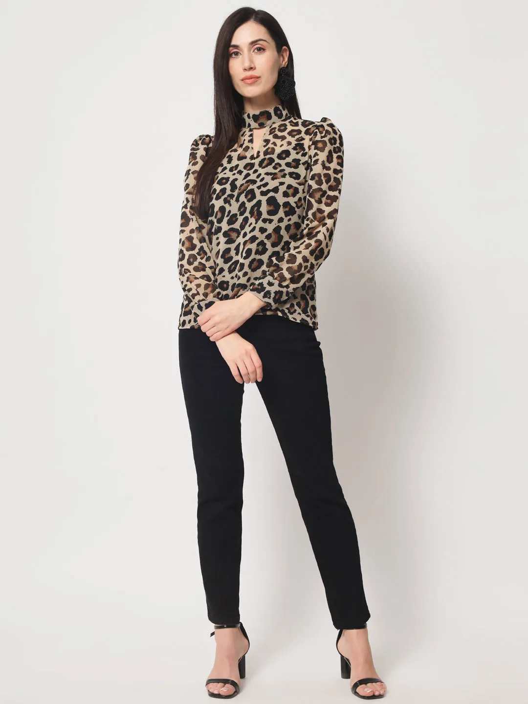 Women's Animal Printed High Neck Georgette Top