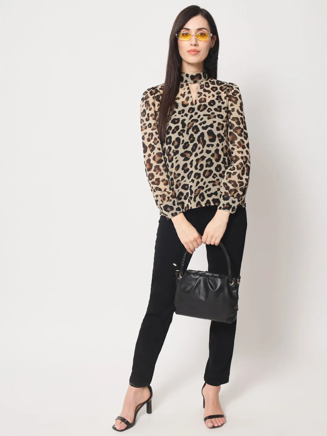 Women's Animal Printed High Neck Georgette Top