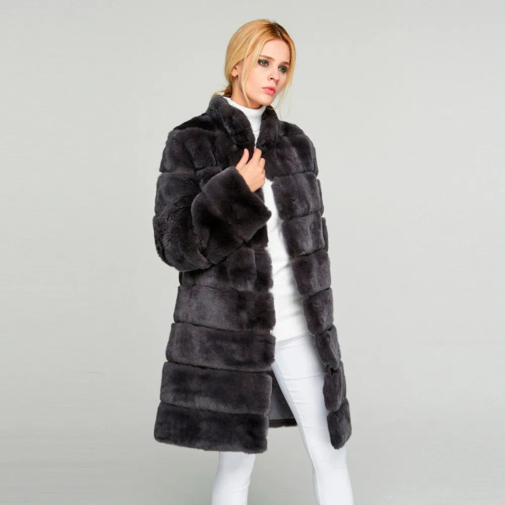 Women's Genuine Rabbit Fur Coat  Stand-up Collar Winter Overcoat Detachable 18136