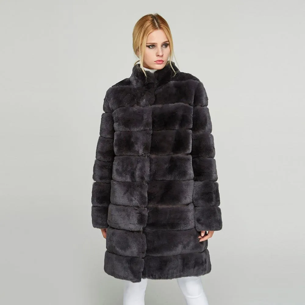 Women's Genuine Rabbit Fur Coat  Stand-up Collar Winter Overcoat Detachable 18136