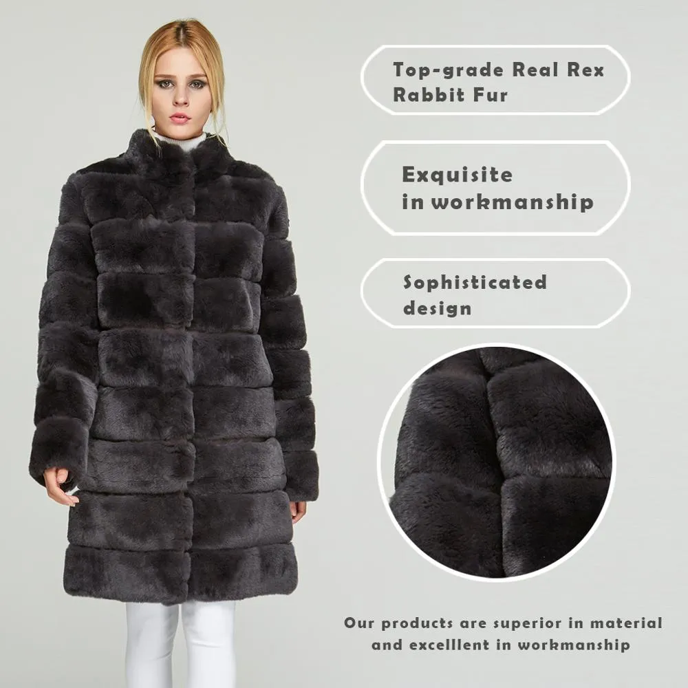 Women's Genuine Rabbit Fur Coat  Stand-up Collar Winter Overcoat Detachable 18136