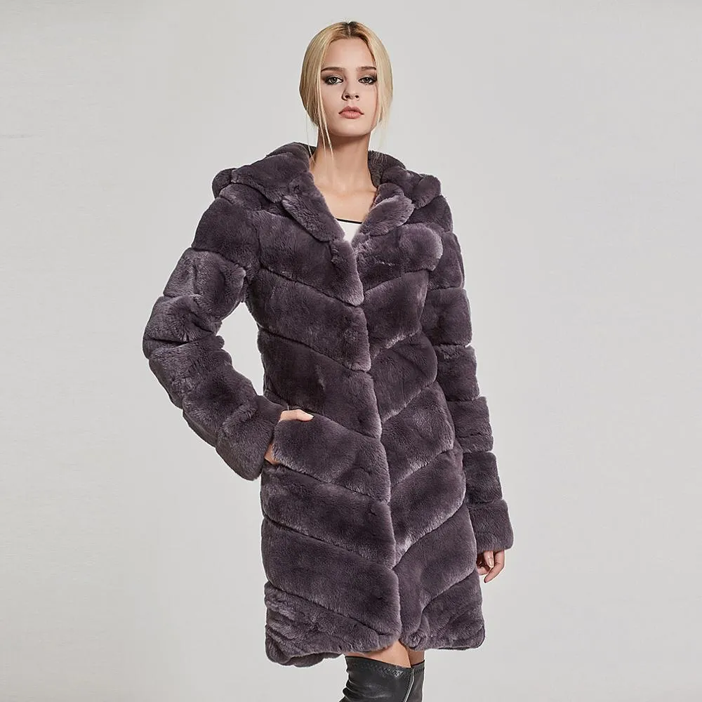 Women's Genuine Rabbit Fur Coat Women with Hood Winter jacket Women 17154