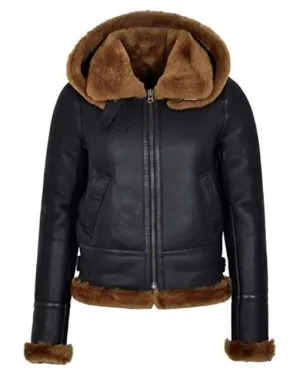 Women's Hooded Black Sherpa Leather Aviator Jacket