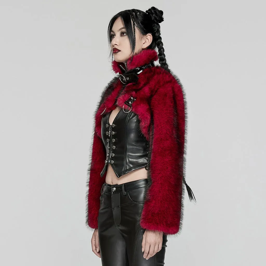 Women's Punk Stand Collar Faux Fur Short Jacket Red