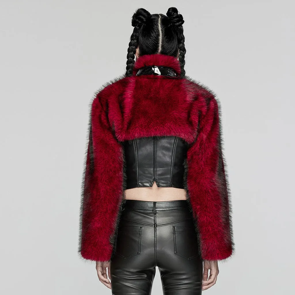 Women's Punk Stand Collar Faux Fur Short Jacket Red