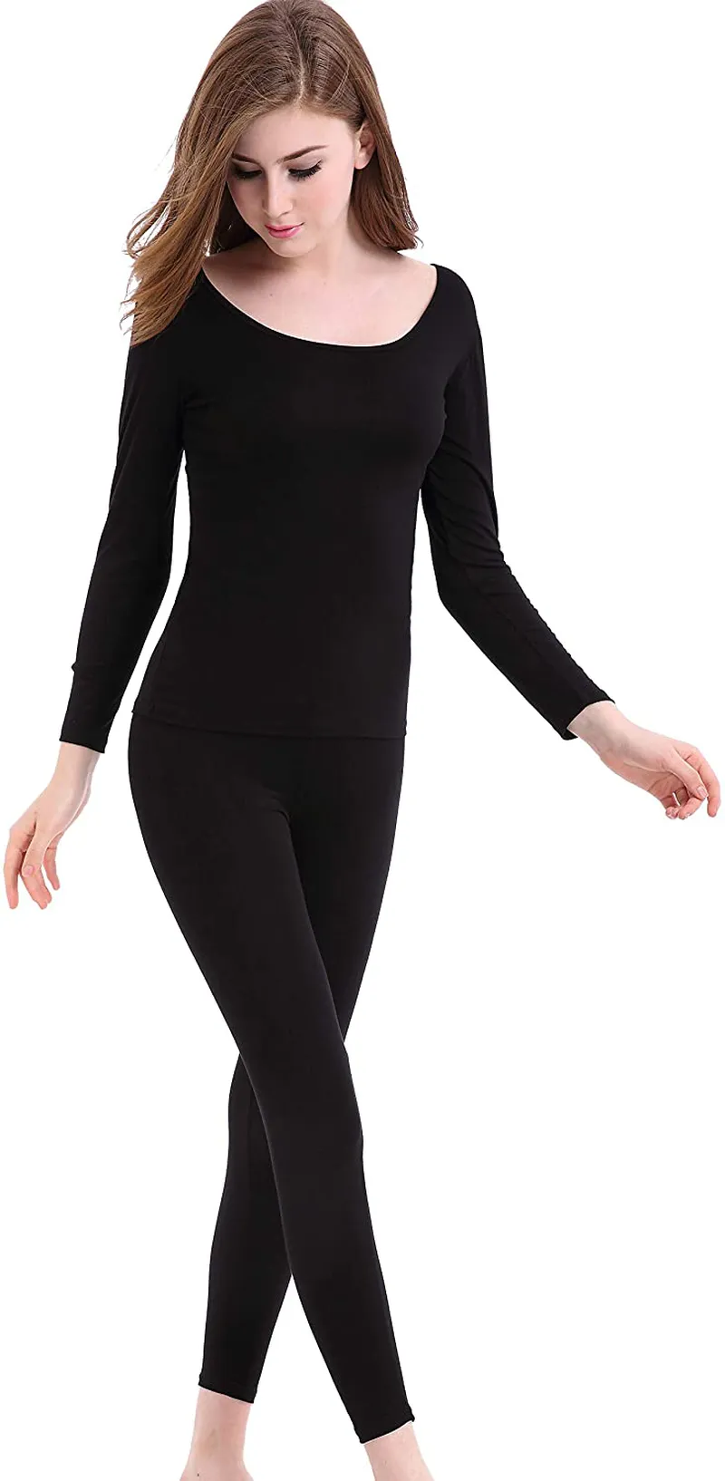 Womens Thermal Underwear Set Ultra Thin Crew Neck Base Layer Stretch Long Johns