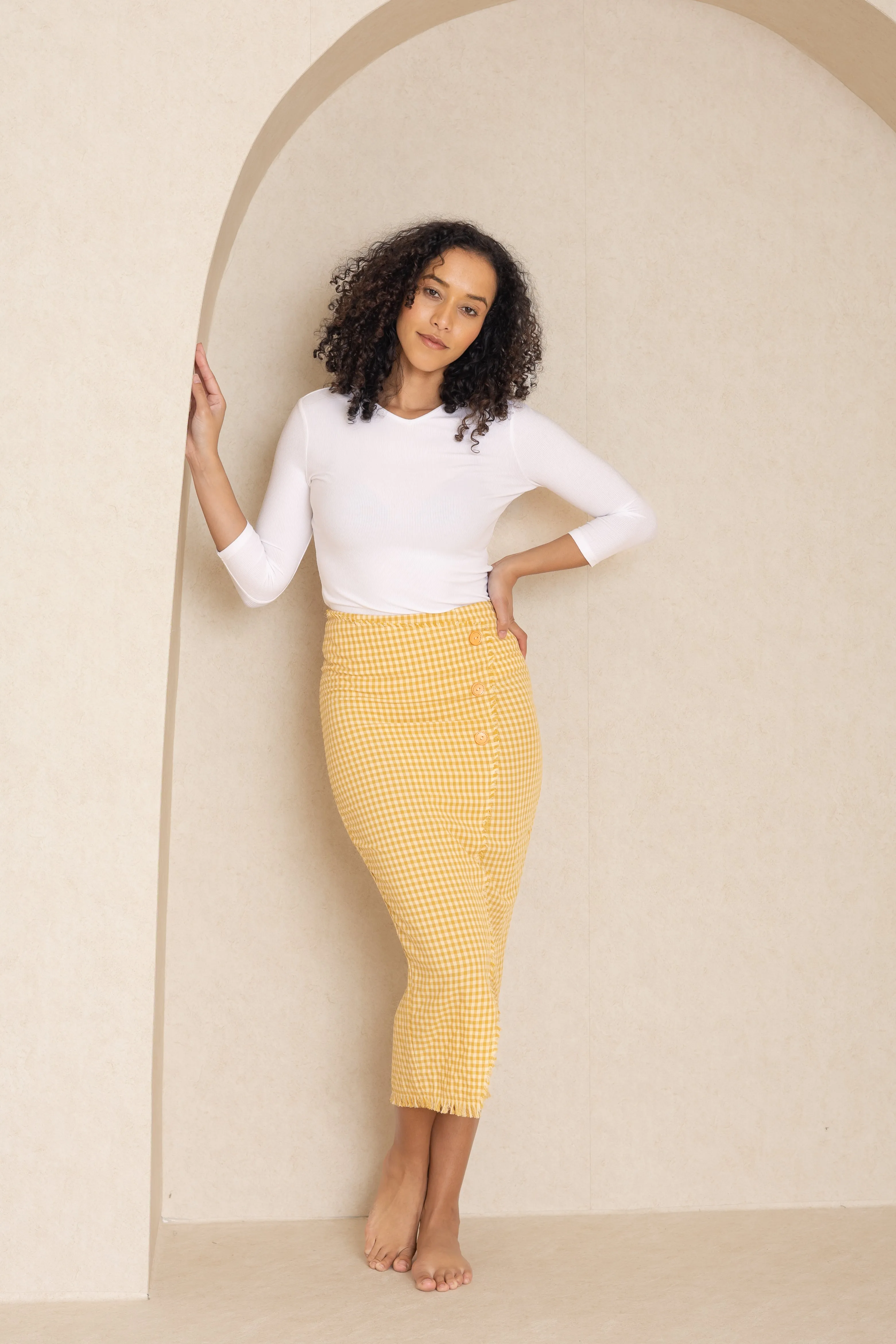 Yellow Checkered Faux Wrap Skirt